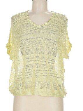 Pure Jill top 75% linen open knit crochet short cap sleeve pale yellow MEDIUM